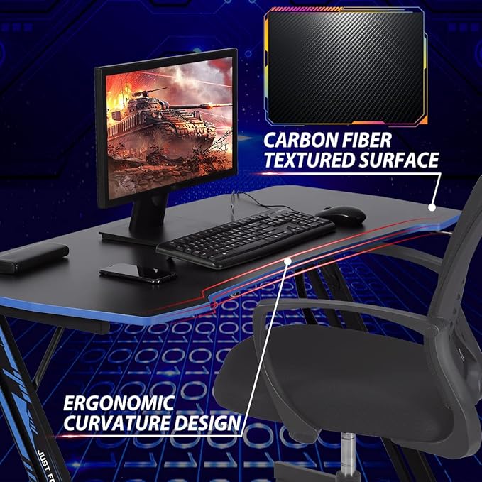 Gaming Desk 47 Inch Z-Shaped Computer Desk Modern Ergonomic PC Computer Table Home Office Desk Racing Style Gaming Workstation with Headphone Hook, Blue