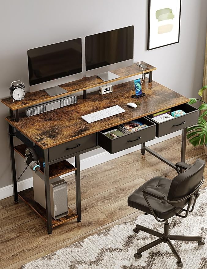 Rolanstar Computer Desk with Power Outlets & LED Light, 39 inch Home Office Desk with 3 Drawers and Storage Shelves, Writing Desk with Monitor Stand, Work Desk for Home Office,Rustic Brown