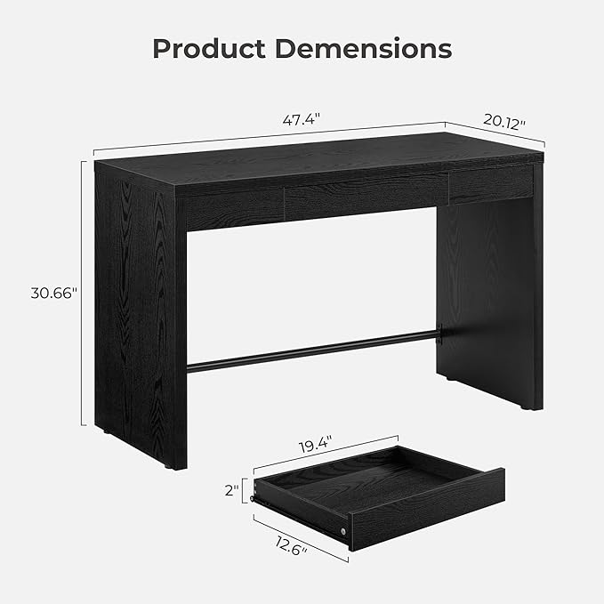 SICOTAS Home Office Executive Desk - 47-Inch Computer Desk with Drawer, Farmhouse Writing Study Desk with Storage,Boho Makeup Vanity Table for Bedroom (Black Oak, 2 Pieces)