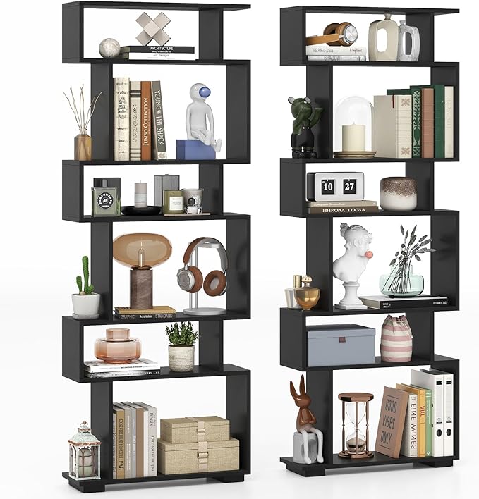 Giantex 6-Tier Geometric Bookshelves Set of 2, S-Shaped Bookcase with 2 Anti-Tipping Kits, Wooden Display Shelf, Decorative Storage Shelving Unit, Home Storage Organizer for Office Living Room, Black