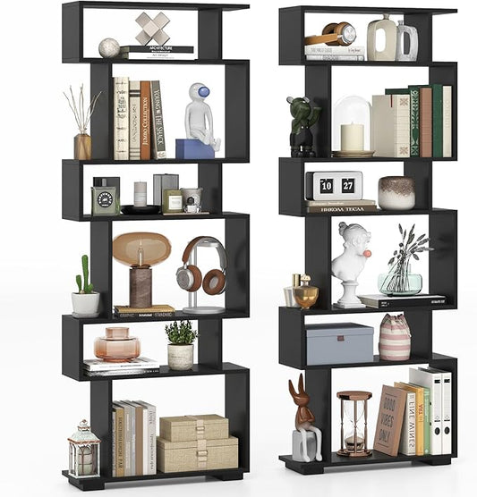 Giantex 6-Tier Geometric Bookshelves Set of 2, S-Shaped Bookcase with 2 Anti-Tipping Kits, Wooden Display Shelf, Decorative Storage Shelving Unit, Home Storage Organizer for Office Living Room, Black