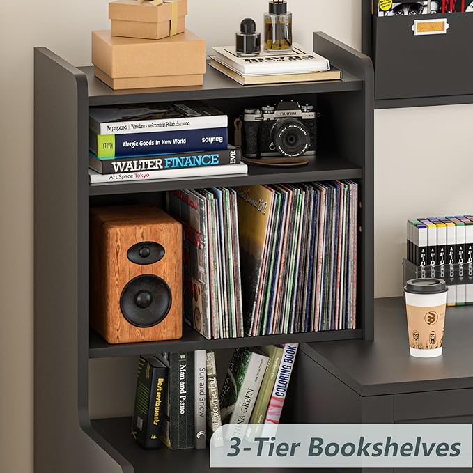60" Computer Desk with 2 Drawer & Bookshelves, Home Office Desk with Storage Cabinet & Spacious Desktop, Writing Gaming Study Table with Bookcase, Black