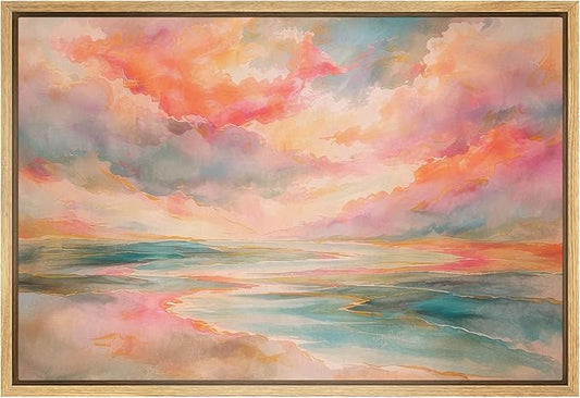 SIGNFORD Framed Canvas Print Wall Art Crimson Glow Over Sea and Sky Illustration Minimalism Decorative Colorful Mid-Century for Living Room, Bedroom, Office - 24"x36" NATURAL