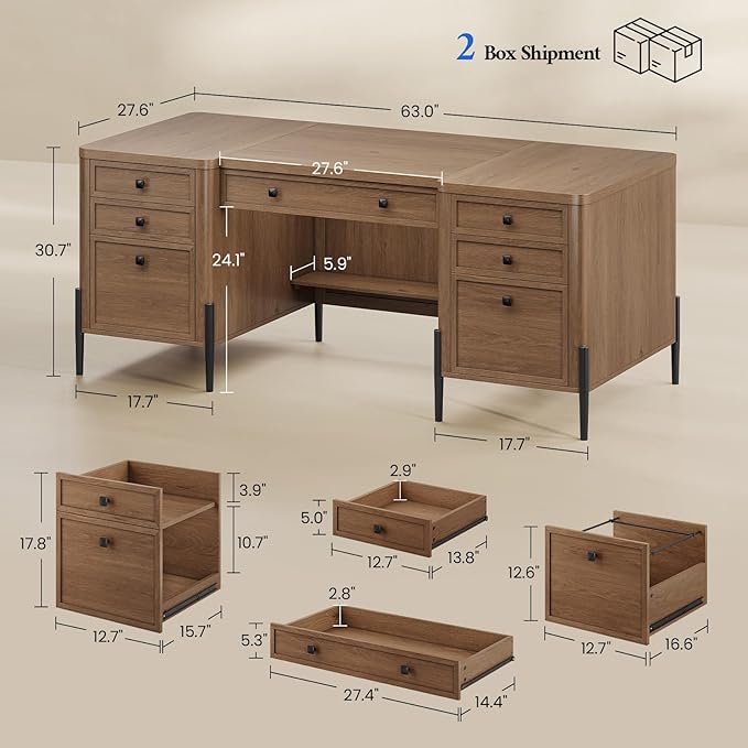63" Executive Desk with 5 Drawers, Farmhouse Home Office Desks with 2 Storage Cabinet and Keyboard Tray, Large Boss Desk with Privacy Panel, Modern Table with Open Shelf and File Drawer
