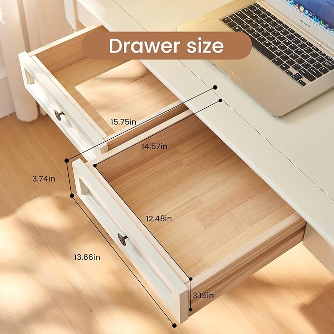 White Writing Desks with Drawers, 47" Solid Wood French Country Style Computer Desk for Home Office, Living Room Study or Workspace