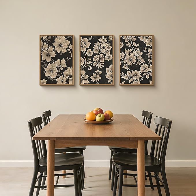 BICERE Large Vintage Floral Framed Canvas Wall Art Set,Mid Century Modern Flower Wall Decor,Neutral Wildflower Art Prints,Retro Botanical Plant Artwork for Living Room,Dining Room,Office-16"x24"x3