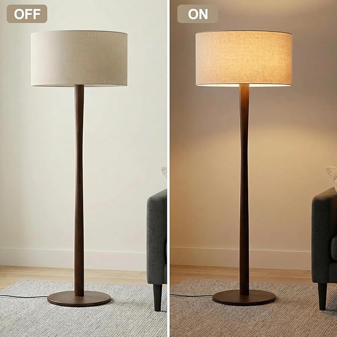 62" Tall Rustic Wood Floor Lamp for Living Room, Farmhouse Walnut Wood Floor Lamps with Linen Shade, UL Listed Standing Lamps with Wooden Base for Bedroom, Corner, Living Room, Office, Beige Shade