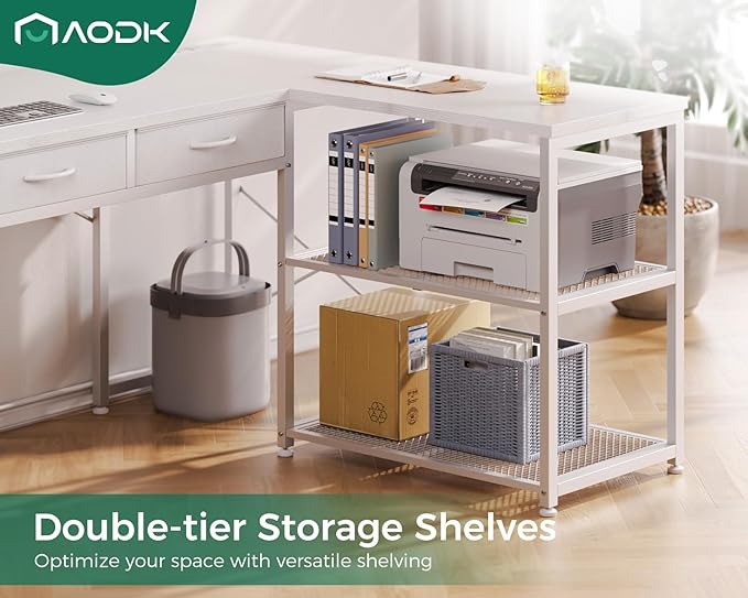 AODK 61 Inch L Shaped Computer Desk with Drawers, Corner Desk with Power Outlets & Reversible Storage Shelves, for Home Office Gaming, White