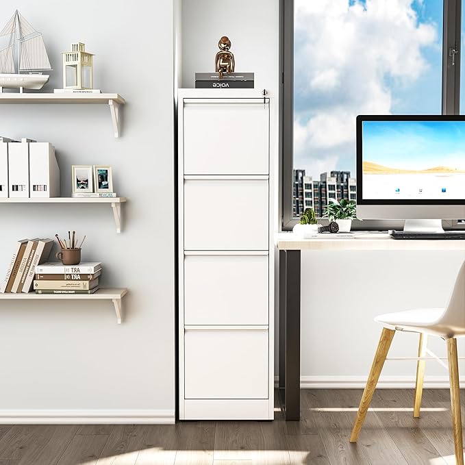 4 Drawer File Cabinet, Vertical File Cabinets with Lock for Home Office,Heavy Duty Office Steel Filing Cabinet for Hanging Letters/Legal/A4, Assembly Required (White)