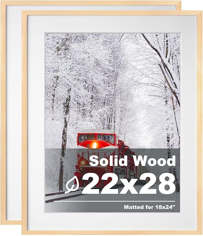 Egofine 22x28 Solid Wood Poster Frames Matted for 18x24 Set of 2 Natural Wood - with Acrylic Plexiglass Front, Hanging Picture Frames Vertically or Horizontally