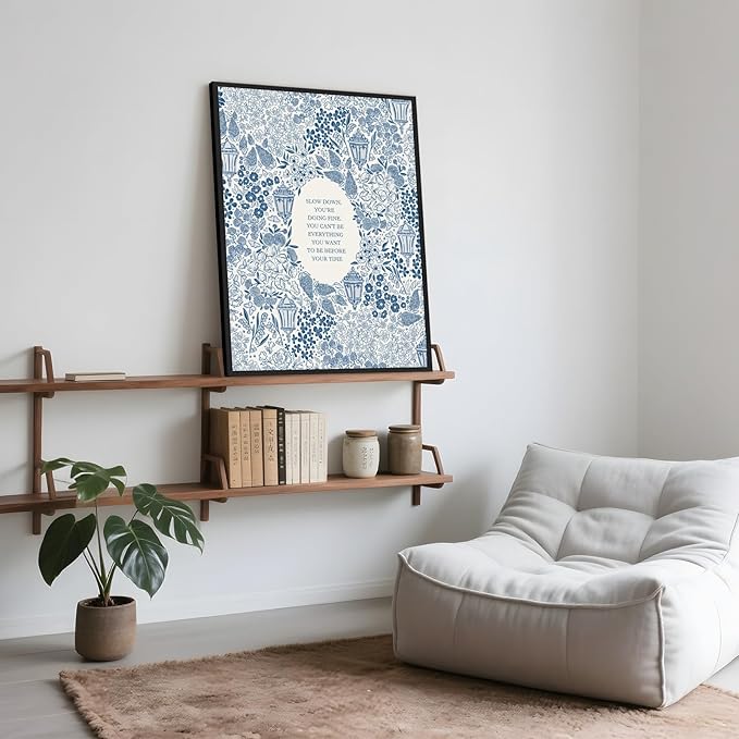 Framed Slow Down Youre Doing Fine Music Posters Motivational Quote Wall Art Blue Victorian Floral Inspirational Canvas Print Vintage Aesthetic Positive Affirmation Office Home Calming Decor 12x16inch