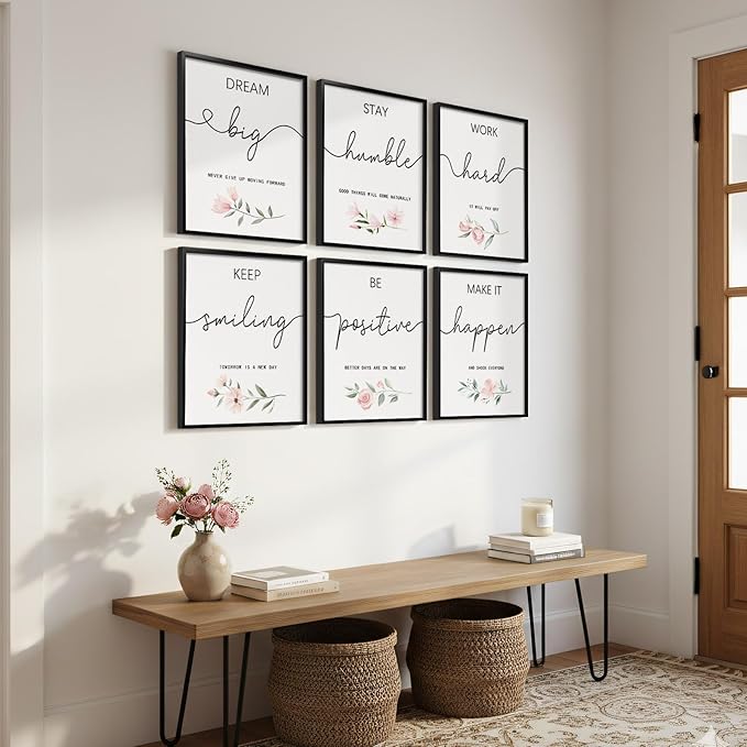 Framed Inspirational Office Wall Art Decor, 6 Piece Modern Motivational Quotes Floral Canvas Prints Artwork for Office Walls, Positive Affirmations Wall Decor for Home, Study Room, 11x14