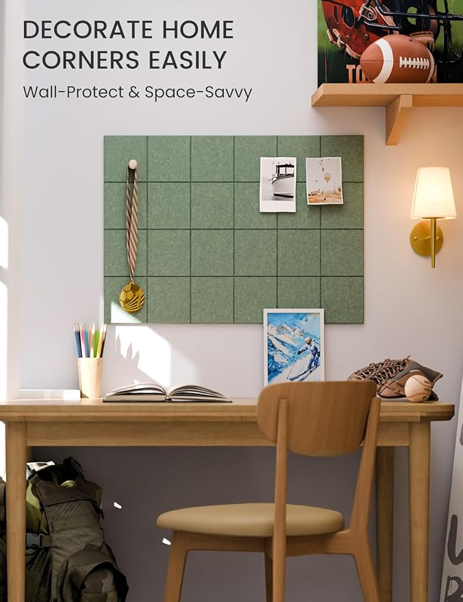 Fluxynara Felt Bulletin Board Tiles -28"x18" Cork Board Alternative for Office Decor, Push Pin Board Wall Organizer 6-Pack - Moss Green
