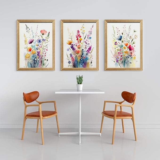Watercolor Wildflower Wall Art Set Of 3, Colorful Floral Bouquet Wall Decor For Living Room Bedroom Kitchen, Art Prints With Wooden Frame 12x16 Inches Wood Framed Easy To Hang