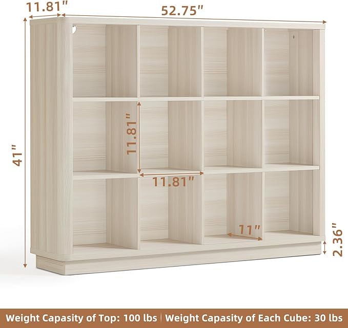 12 Cube Storage Organizer, 41" Large Bookshelf with Curved Edge, Wood Floor Standing 3-Tier Cubby Bookcase w/Base, Modern Display Storage Cabinet for Living Room, Office, Gray-White Cream Oak