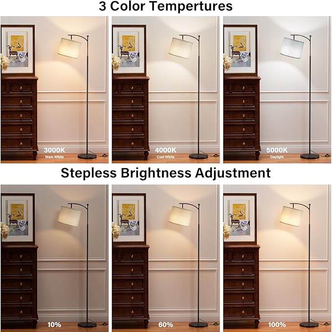 60" Floor Lamps with Remote Control & Bulb, Colors Temperature & Brightness Adjustable, Gray Shade & Black Pole