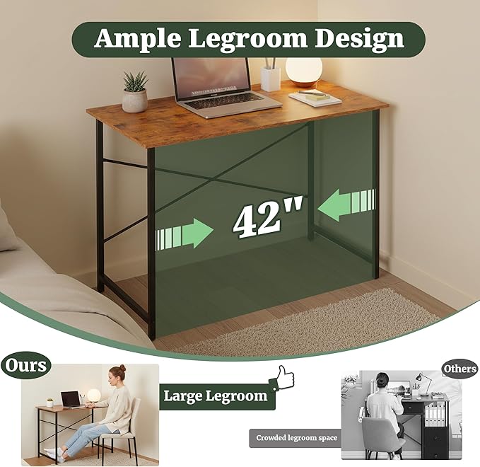 Computer Desk 44 Inch, Home Office Desk Simple Study Writing Table, Sturdy Metal Frame, Scratch-Resistant MDF Desktop for Bedroom Dorm Workspace Small Space, Brown