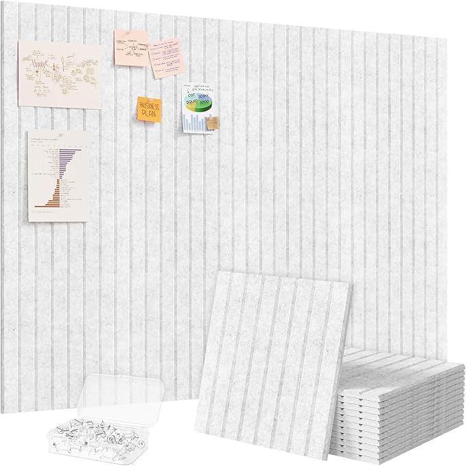 Lifewit Felt Slatted Bulletin Board with Self-Adhesive, 48"x 36"-12 Pack Cork Board Alternative, Pin Board Vision Board Message Board with 50 Pushpins for Office Decor, Room Decor, Gray