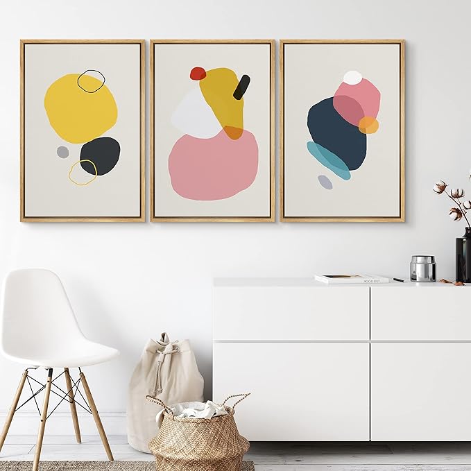 SIGNFORD Framed Wall Art Print Set Yellow, Pink, Black & Blue Transparent Blots Abstract Shapes Art Modern Art Contemporary Colorful for Living Room, Bedroom, Office - 24"x36"x 3 Panels Natural