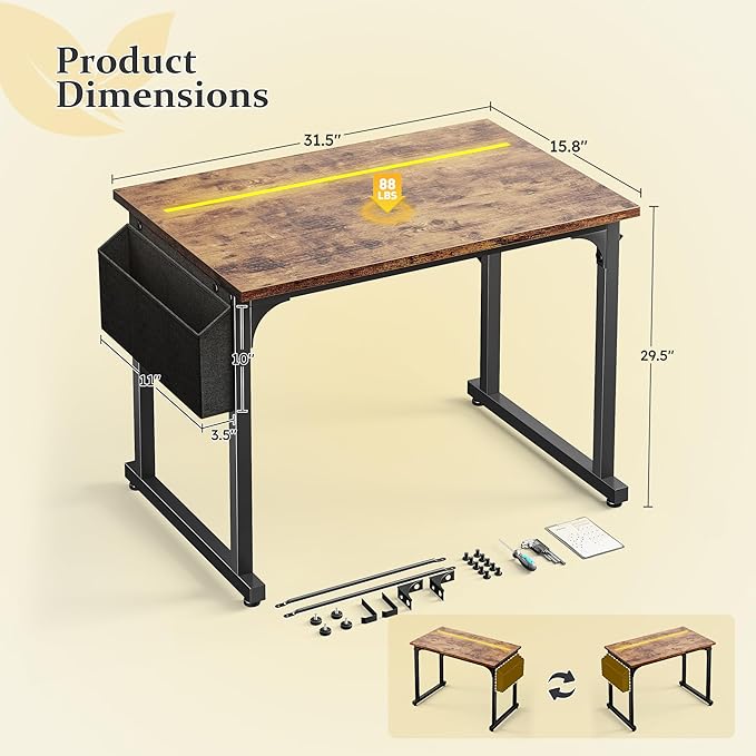 32 Inch Computer Desk with LED Lights for Small Spaces, Office Desk for Home Office, Study Desk Writing Table with Storage Bag, Headphone Hook, Rustic Brown