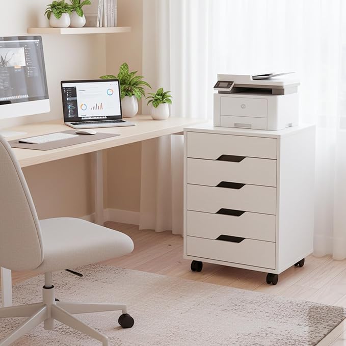 VINGLI 5 Drawers Rolling File Cabinet with Wheels, Under Desk Storage Organization, Vertical Filing Chest Mobile Wood Small Desk Printer Stand for Home Office, 19" W × 15.8" D × 25.6" H, White