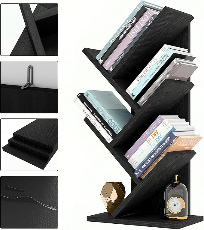 YMYNY 4 Tier Tree Bookshelf, Small Bookcase, Modern Wood Book Storage Rack, Freestanding Book Shelf for Books/Movies/CDs, Narrow Display Rack for Living Room, Home Office, Black UHBC014B