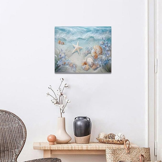 Beach Seashell Bathroom Wall Art Coastal Floral Pictures Wall Decor Flower Starfish Canvas Painting Modern Decoration Artwork for Bathroom Living Room Bedroom Office Framed 20"x16"