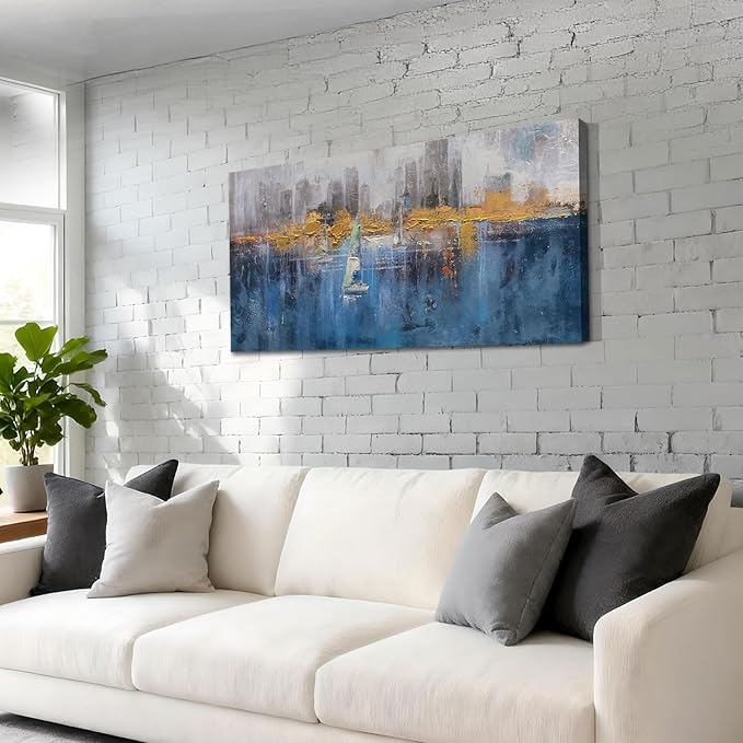 Arjun Abstract Wall Art for Living Room, Modern Canvas Painting Neutral for Bedroom, Framed Textured Grey Teal Artwork Large Picture Dining Room Kitchen Mens Room Home Office Wall Decor 40"x20"