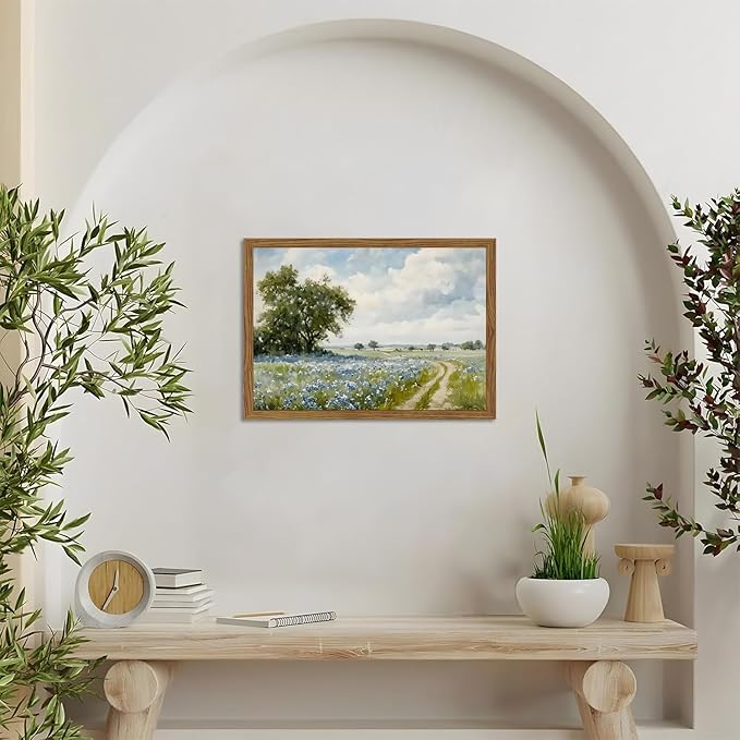 Framed Vintage Canvas Wall Art, Country Landscape Wildflower Field Wall Decor Paintings, Rustic Nature Pictures Prints Home Decor for Living Room Bedroom Bathroom Farmhouse 12x16 inch