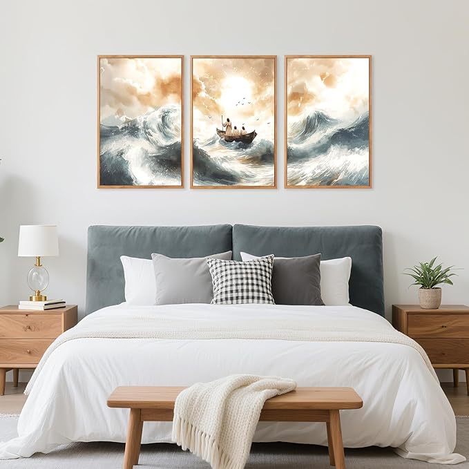 CHDITB Matthew 8:23-34 Jesus Calms The Storm Framed Canvas Wall Art(16"x24"), 3 Panels Watercolor Christian Bible Story Artwork Prints, Large Religious Faith LDS Decor for Home Office Bedroom