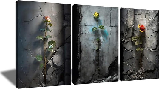 3 Pieces Large Size Poster Canvas Wall Art Inspirational Roses Grow in The Cracks of The Wall Vintage Theme Painting Artwork for Living Room Office Gallery Hotel Stretched and Framed [72''W x 36''H]