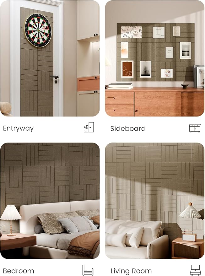 Bumusty Large Cork Board Alternative-48 x 36" Felt Bulletin Board Tiles, with 30 Pushpins, 70 Adhesive Tabs, 12-Pack Slat Wall Paneling, Cork Boards for Office Push Pin Board Felt Board-Earth Brown