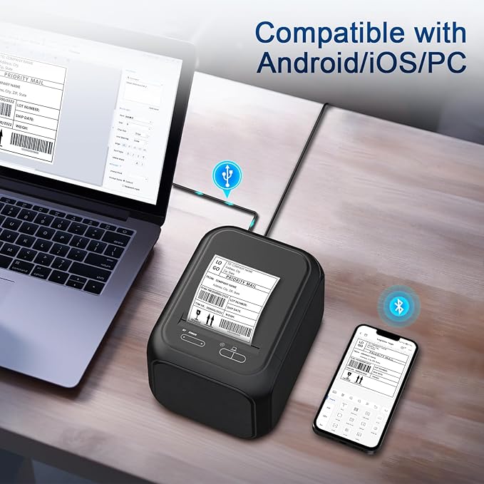 CLABEL Desk Bluetooth Barcode Label Printer: Label Maker with Direct Thermal Printing, 2-3 Inch Print Width for Barcodes Address Warehouse with 1 Roll 40x30mm Label (3 Inch Soot)