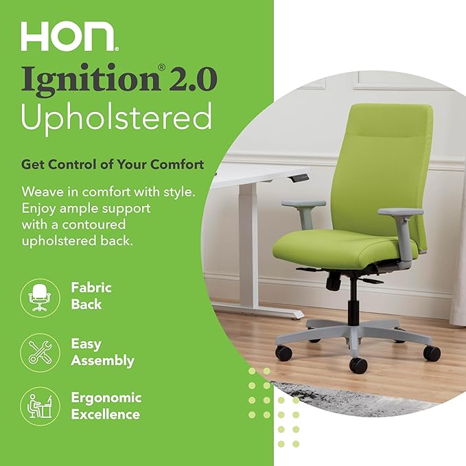 HON Ignition 2.0 Fabric Office Chair, Upholstered, Adjustable Arms, Standard Synchro-Tilt Recline Executive Ergonomic Office Chair, Titanium Frame, Pear