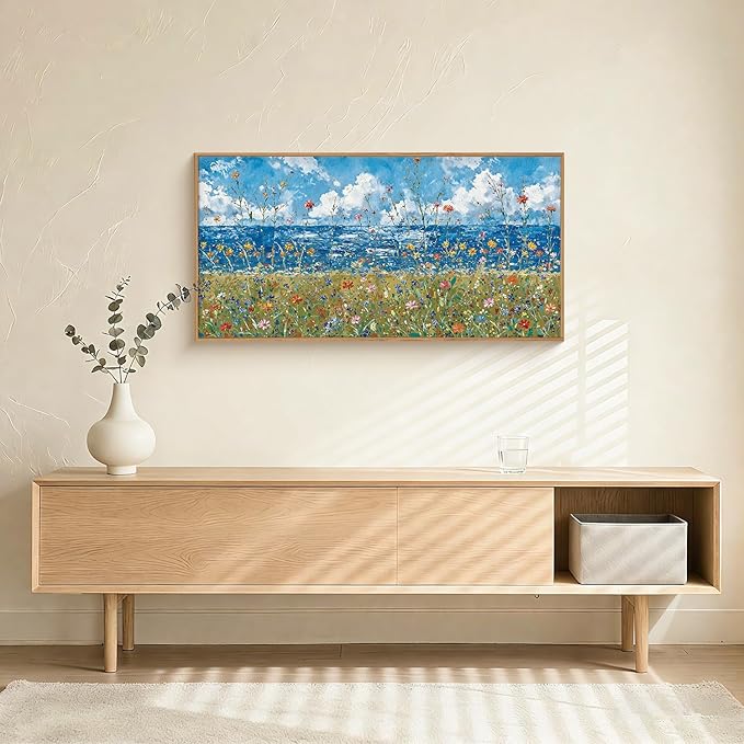 Large Blue Seaside Wildflower Framed Canvas Wall Art,Modern Nature Ocean Wall Decor,Rustic Sky Printing,White Cloud Landscape Artwork for Living Room,Bedroom,Dining Room-20"x40"x1