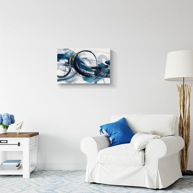 gaosoul Modern Abstract Canvas Wall Art Dynamic Blue Gold Lines Doodled on White Background Paintings Framed Minimalism Artwork Prints for Living Room Bedroom Office Decor 24x16in