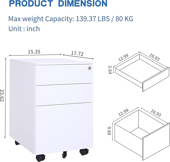 3 Drawer File Cabinet with Lock, Steel Mobile Filing Cabinet on Anti-tilt Wheels, Rolling Locking Office Cabinets Under Desk for Legal/Letter Size (White)
