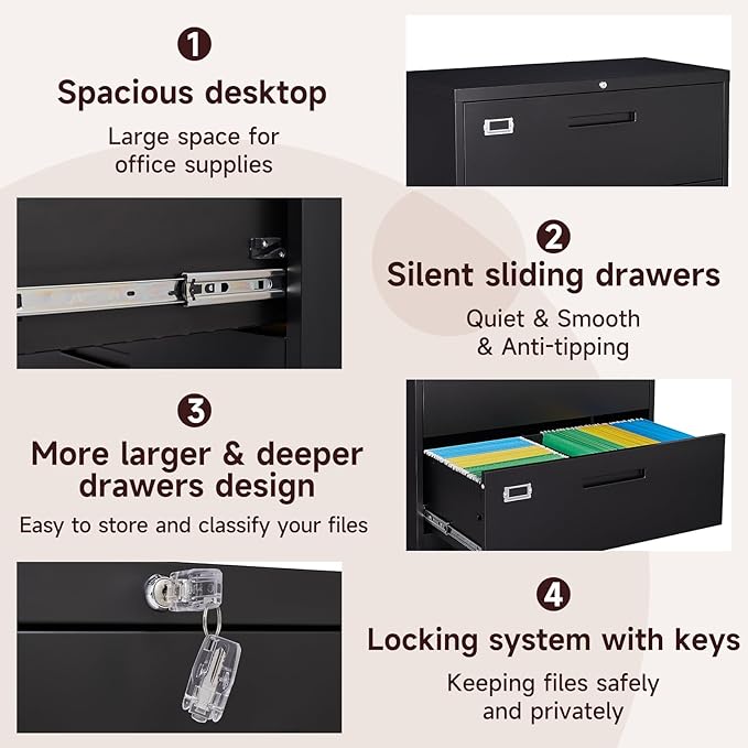 4 Drawer Lateral File Cabinet with Lock, Metal Filing Cabinets for Home Office, Wide Locking File Caninets, Black Office Storage Cabnet for Hanging Letter/Legal / A4 / F4 - Assembly Required