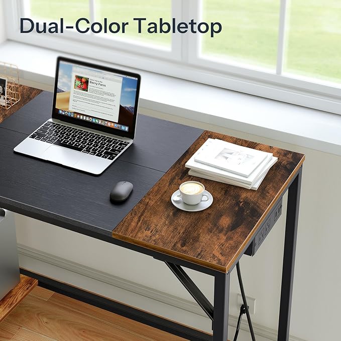 HOOBRO Computer Desk, Home Office Desk with Power Outlet, Writing Desk with 2 Shelves, Modern Small Desk for Home Office, Study, Easy to Assemble, Rustic Brown and Black BF43UDN01