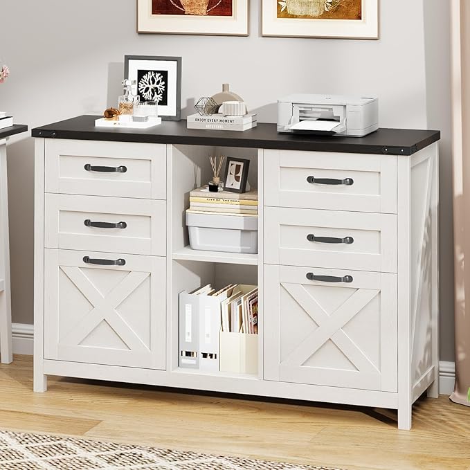 Farmhouse Lateral Filing Cabinet, Lateral File Cabinet with 6 Drawers and Adjustable Shelf, Large Printer Stand with 2 File Drawers for Letter/A4 Size Hanging Files for Home Office, White and Black