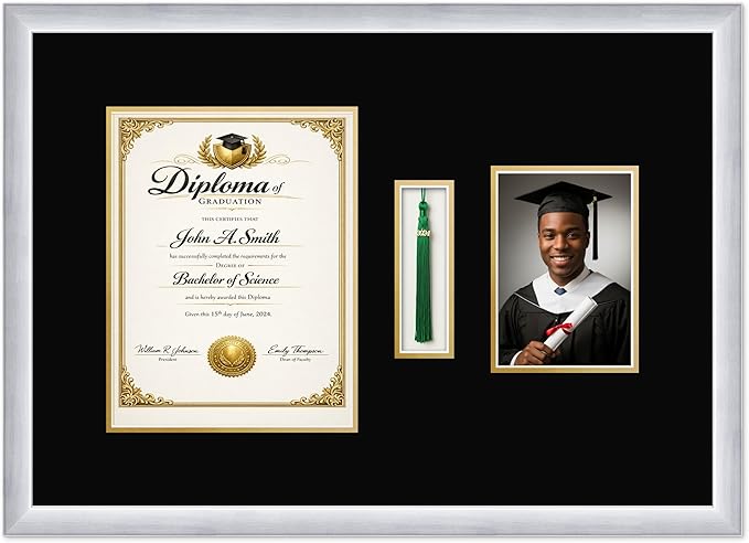CountryArtHouse Diploma Tassel and Photo Shadowbox Fits 8.5 x 11 Certificate (Portrait) with Tassel Hook Stainless Silver Genuine Hardwood with Black Over Metallic Gold Double mat