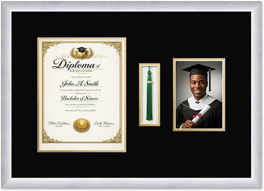 CountryArtHouse Diploma Tassel and Photo Shadowbox Fits 8.5 x 11 Certificate (Portrait) with Tassel Hook Stainless Silver Genuine Hardwood with Black Over Metallic Gold Double mat