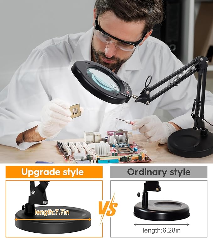 10X Magnifying Glass with Light and Stand, 2 in 1 Real Glass Lens Magnifying Desk Lamp, 5 Color Modes, Brightness Stepless Dimmable LED Lighted Magnifier Hands Free for Repair Craft Close Work