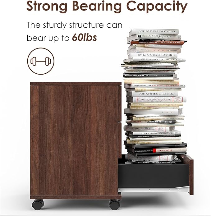 3 Drawer File Cabinet with Wheels, Heavy-Duty Steel Rolling Drawer Cabinet, Under Desk Filing Cabinet for Home Office Storage, 15.74" W x 15.74" D x 22.16" H (Brown)