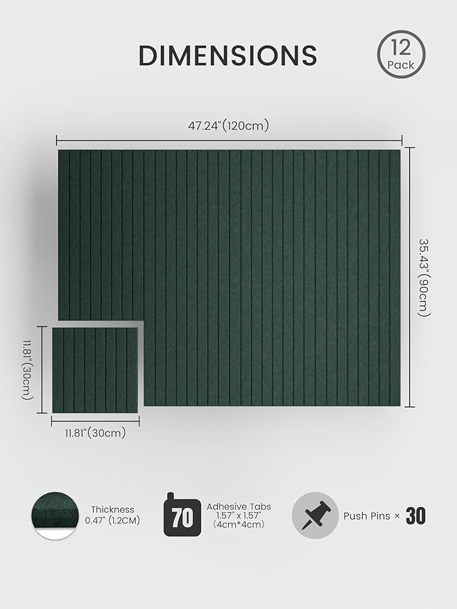 Bumusty Large Cork Board Alternative-48 x 36" Felt Bulletin Board Tiles, with 30 Pushpins, 70 Adhesive Tabs, 12-Pack Slat Wall Paneling, Cork Boards for Office Push Pin Board Felt Board-Pine Green