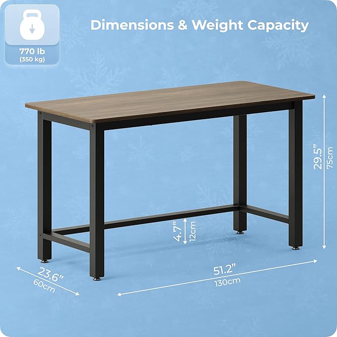 51" Home Office Desk Modern Computer Desk 51.2x23.6x29.5 inches PC Table with Thicken Frame Industrial Style Sturdy Metal Frame Furniture for Writing Gaming Rustic Brown+Black