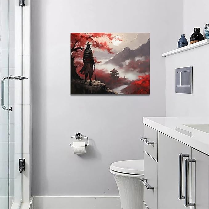 yerretin Japanese Bushido Wall Art Samurai Pictures Wall Decor Ancient Japan Warrior Canvas Landscape Painting Home Decoration Artwork for Bathroom Bedroom Living Room Office Framed 16"x12"