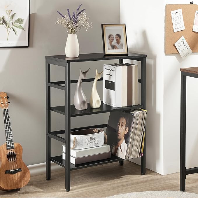 HOOBRO 3 Tier Bookshelf, Industrial Bookcase, Record Storage Rack with Side Fence, Wood Storage Shelf with Metal Frame, Rustic Open Display Shelf for Living Room, Bedroom, Black BB86CJ01G1