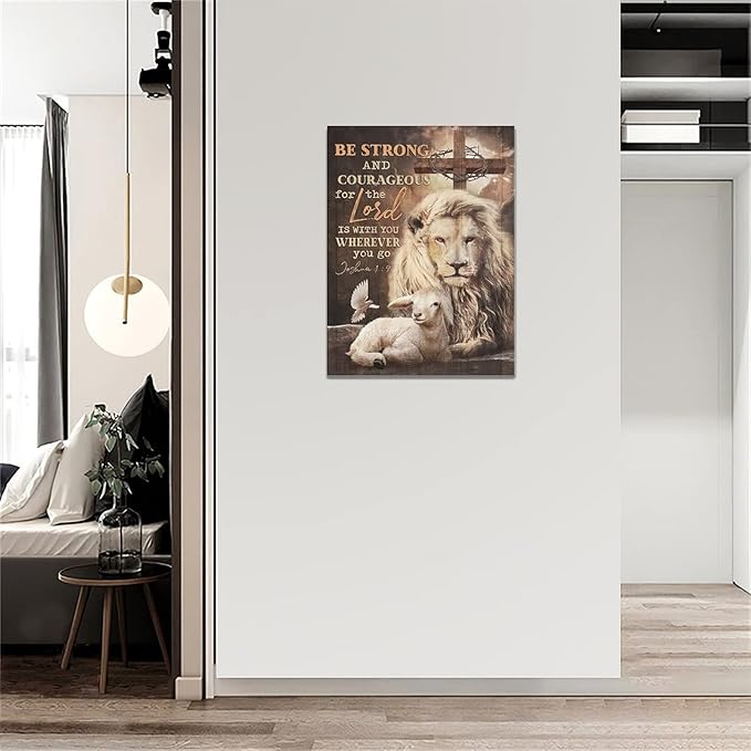 yerretin Lion Of Judah Wall Art Christian Bible Verses Pictures Wall Decor Religious Lamb Lion Canvas Painting Modern Home Artwork for Bathroom Bedroom Office Living Room Framed 12"x16"