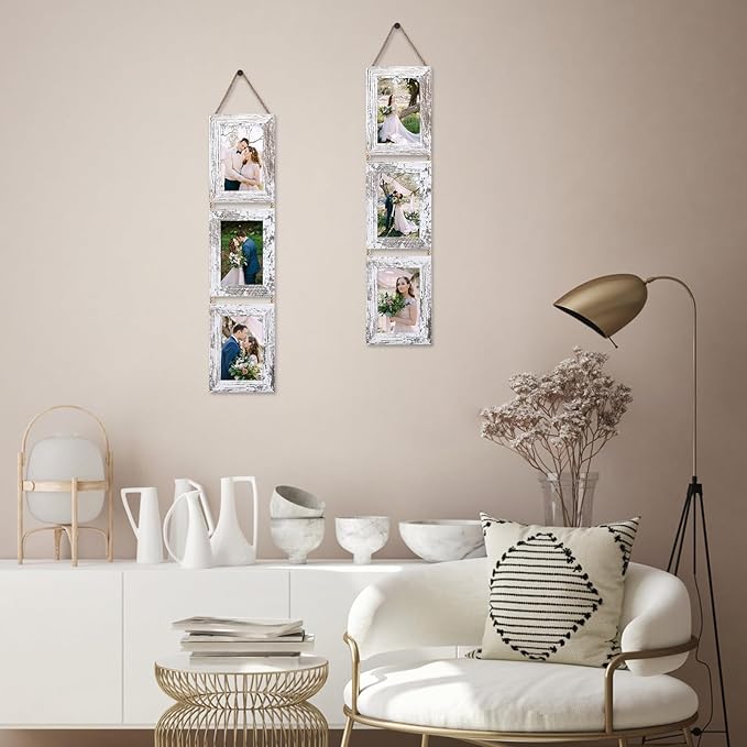 Lavezee 4x6 Collage Hanging Triple Picture Frames Set, 6 Opening Distressed White Vertical Frame Made to Display 4 by 6 Inch Photo Prints for Wall Decor